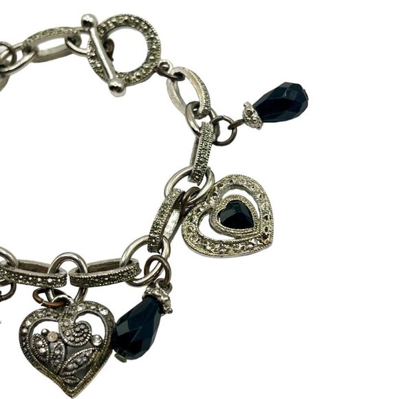 Vintage Silver Glitz Heart Charm Bracelet Black‎ Crystal Bead Charms Y2K Glam - Picture 3 of 4